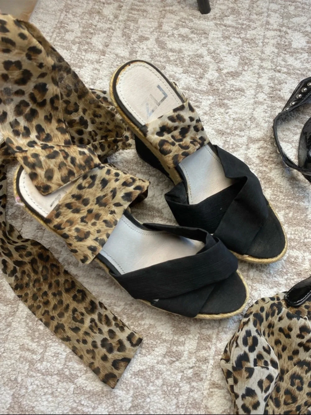Y2K Black Espadrille Wedge Sandals with Leopard Tie-Ankle Straps & match purse